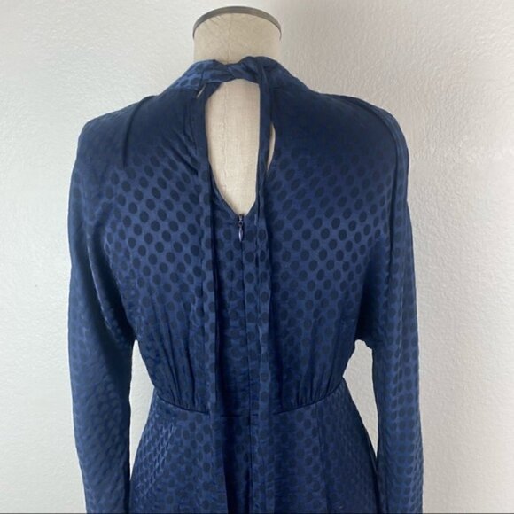 Zara Mini Dress S Satin High Mock Neck Tie Polka Dot Long Sleeve Navy Blue Black - Picture 8 of 15